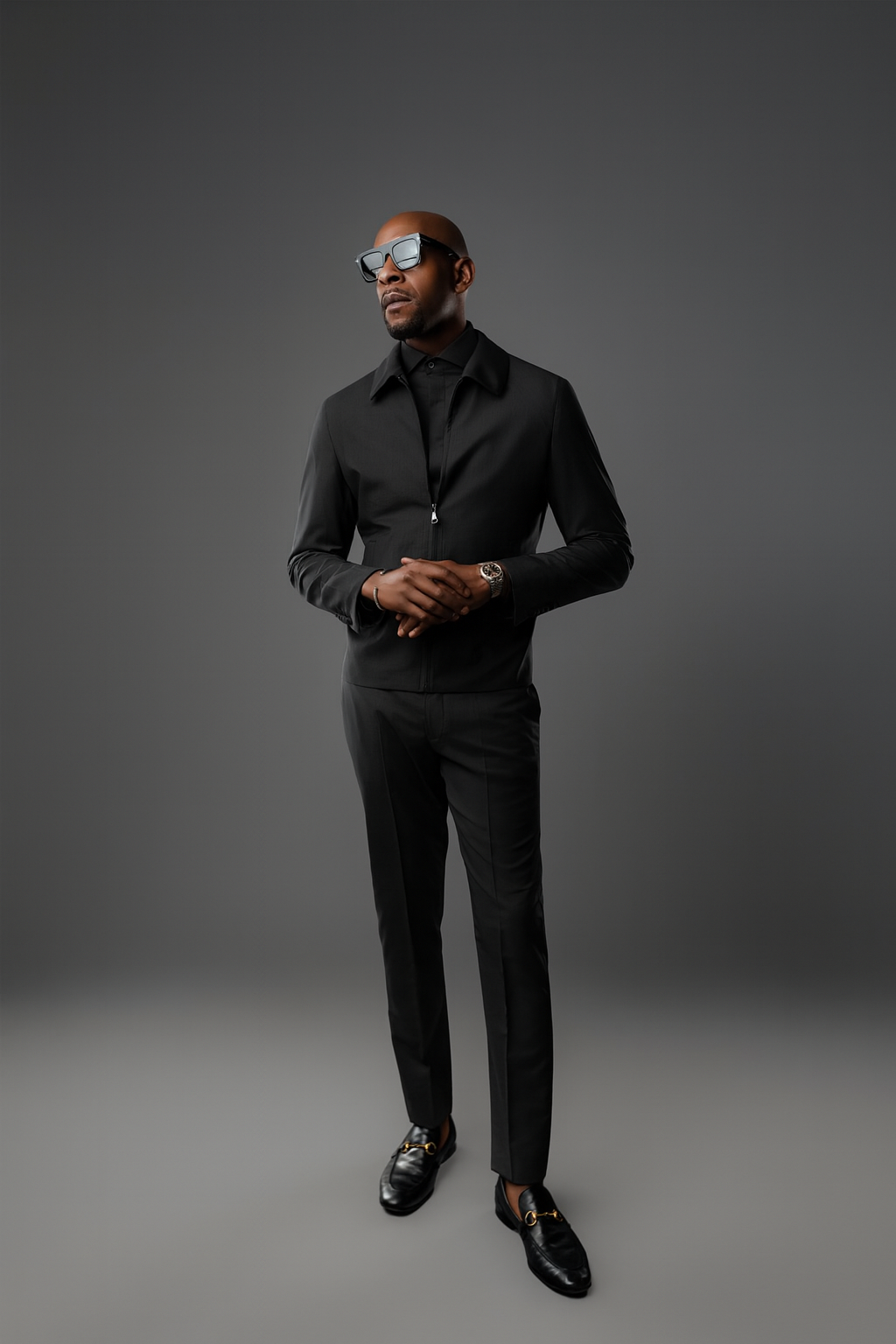 BLACK WOOL MOHAIR TAILORED FIT BOMBER JACKET, SHIRT AND PANT SET