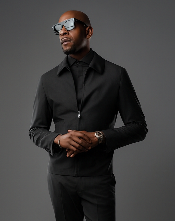 BLACK WOOL MOHAIR TAILORED FIT BOMBER JACKET, SHIRT AND PANT SET