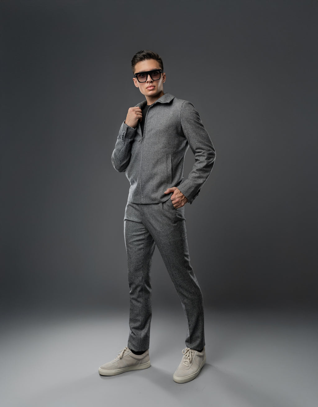 BLACK HOUNDSTOOTH WOOL TAILORED FIT BOMBER JACKET SET