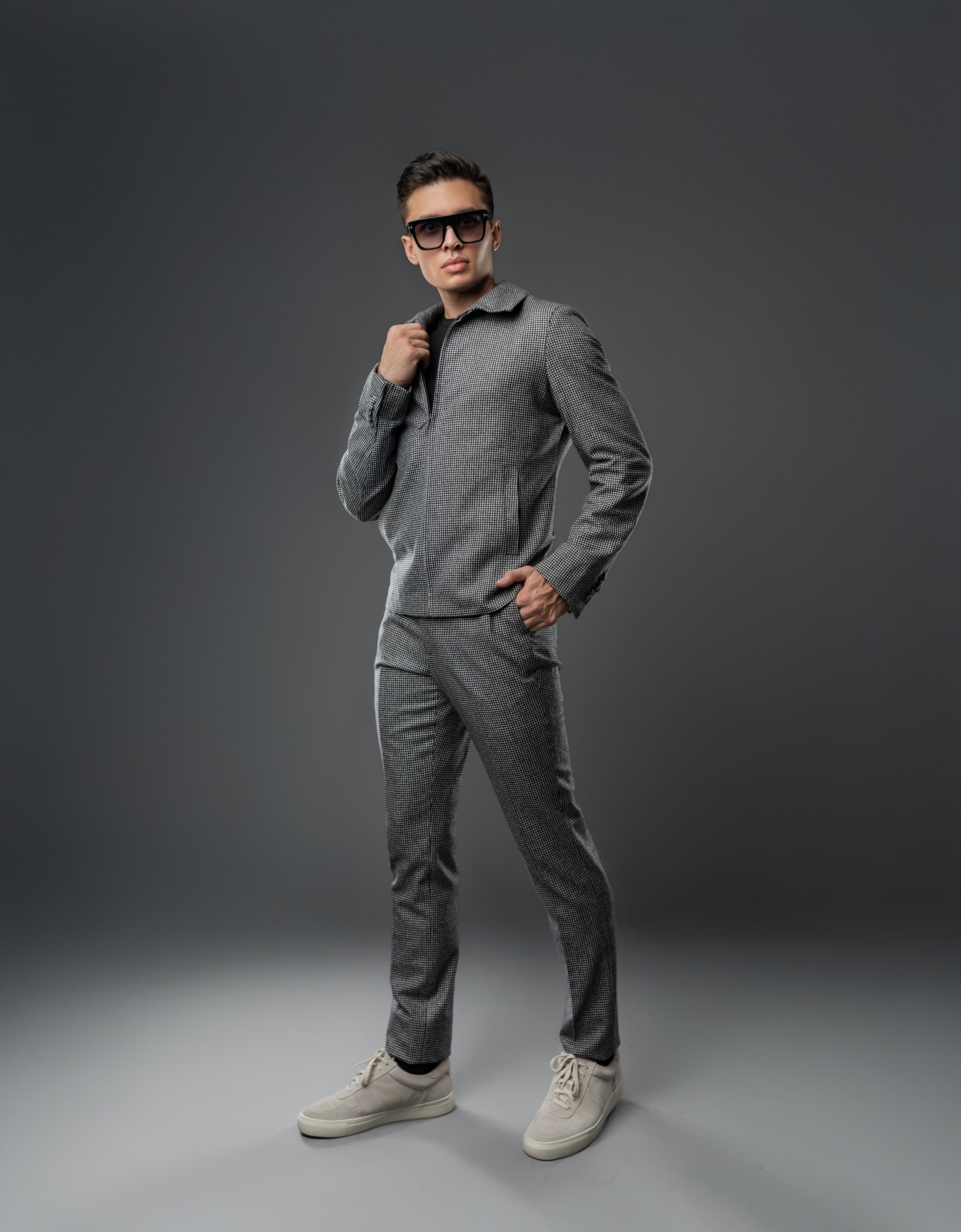 BLACK HOUNDSTOOTH WOOL TAILORED FIT BOMBER JACKET SET