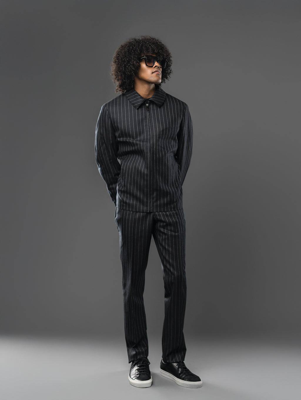 BLACK PINSTRIPE WOOL TAILORED FIT BOMBER JACKET SET