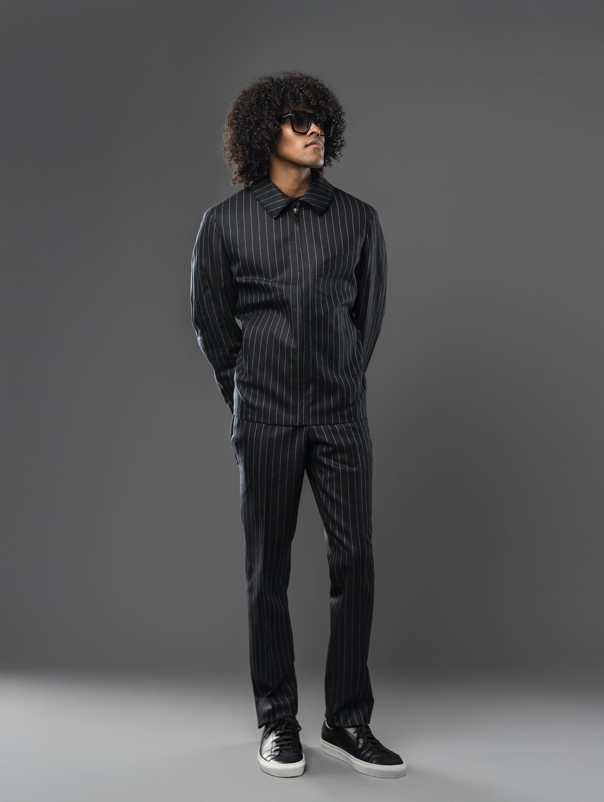 BLACK PINSTRIPE WOOL TAILORED FIT BOMBER JACKET SET