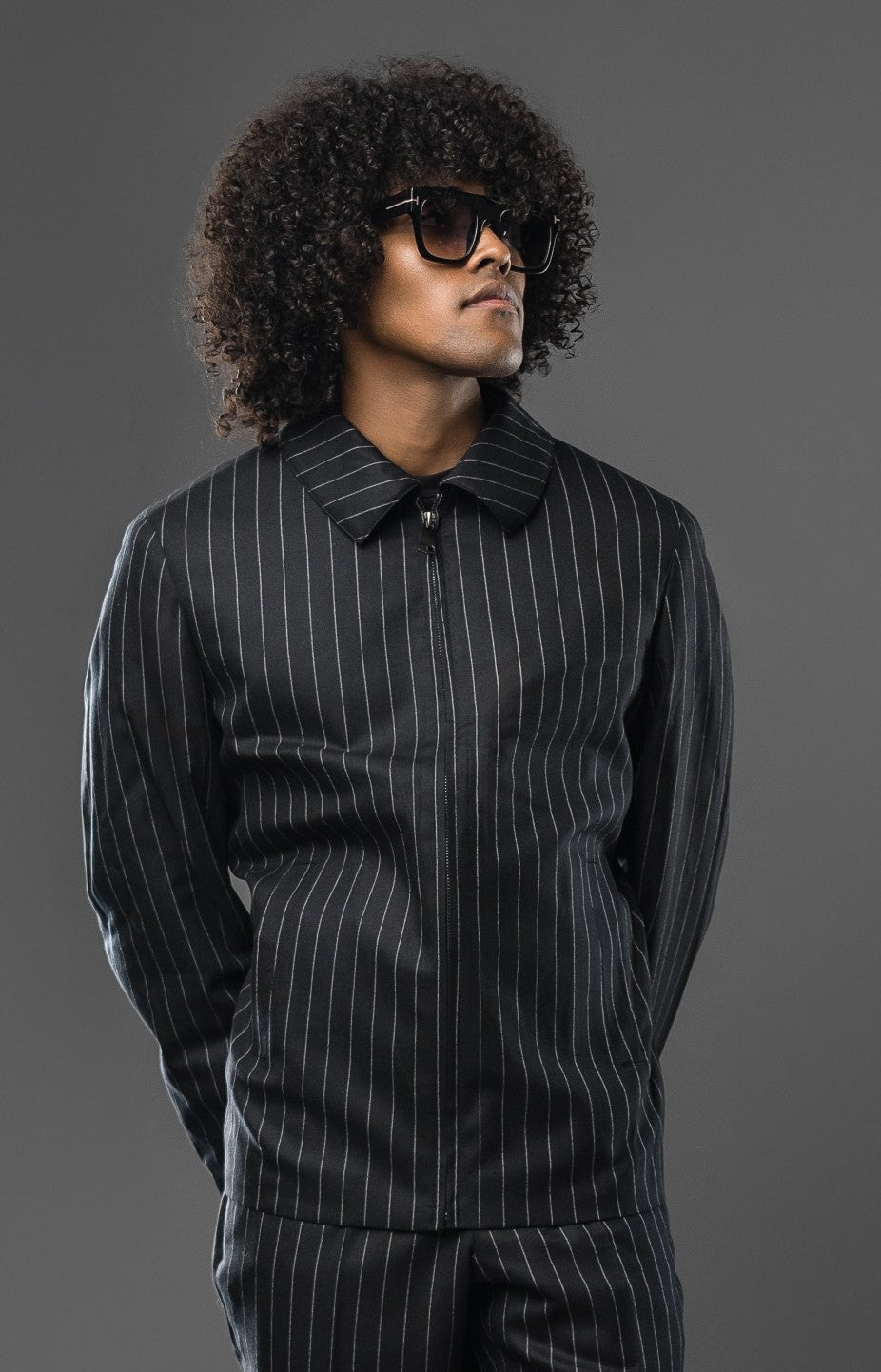 BLACK PINSTRIPE WOOL TAILORED FIT BOMBER JACKET SET