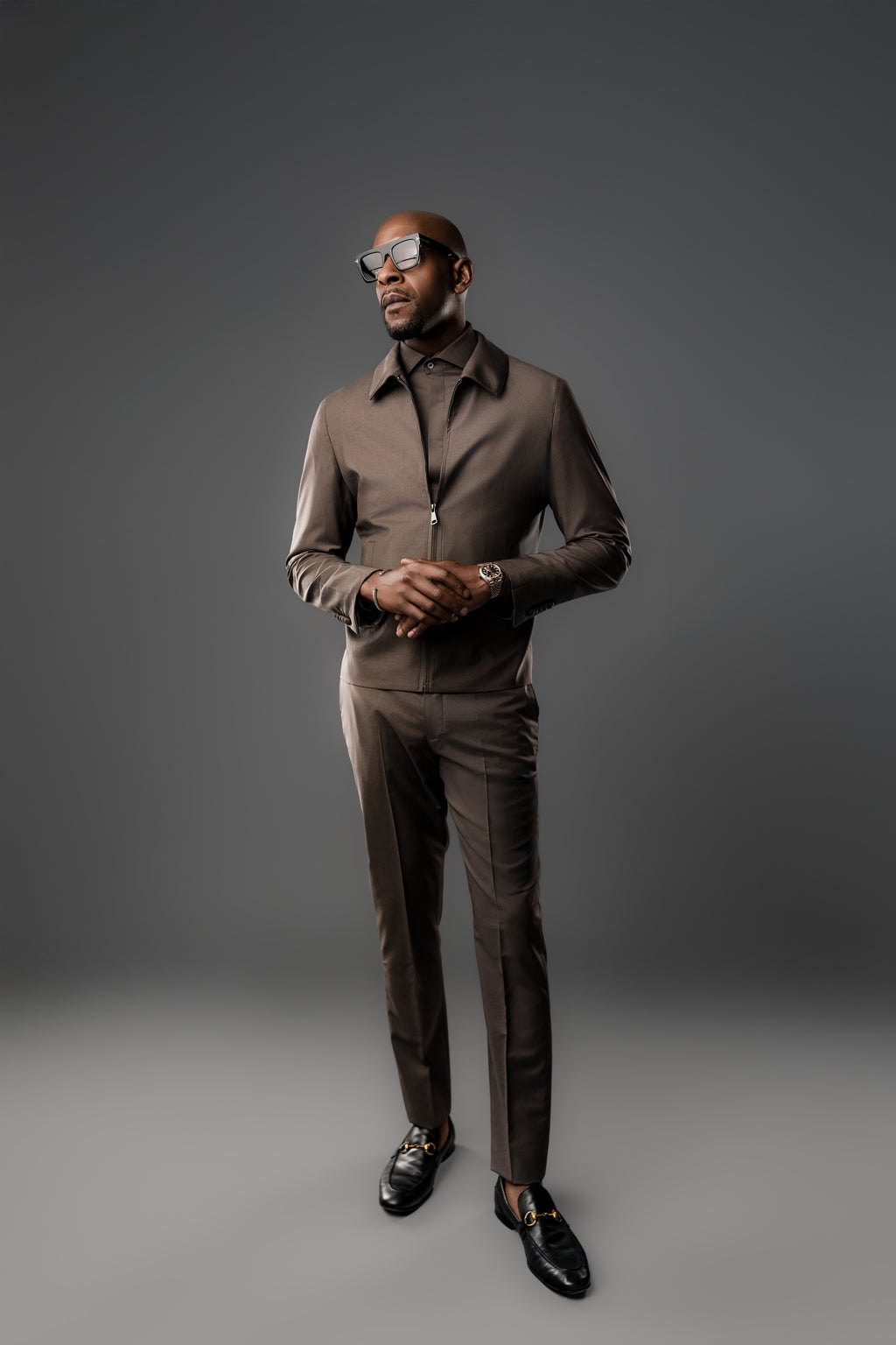 MOCHA WOOL MOHAIR TAILORED FIT BOMBER JACKET, SHIRT AND PANT SET