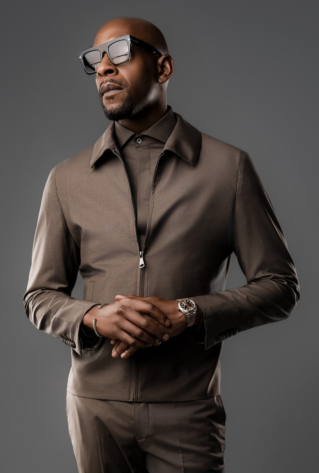 MOCHA WOOL MOHAIR TAILORED FIT BOMBER JACKET, SHIRT AND PANT SET