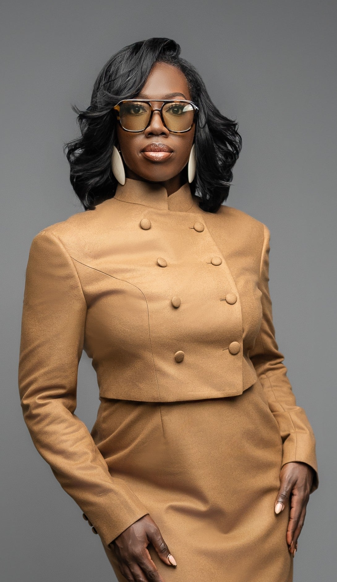 CAMEL WOOL FLANNEL DOUBLE-BREASTED MAXI SKIRT SUIT