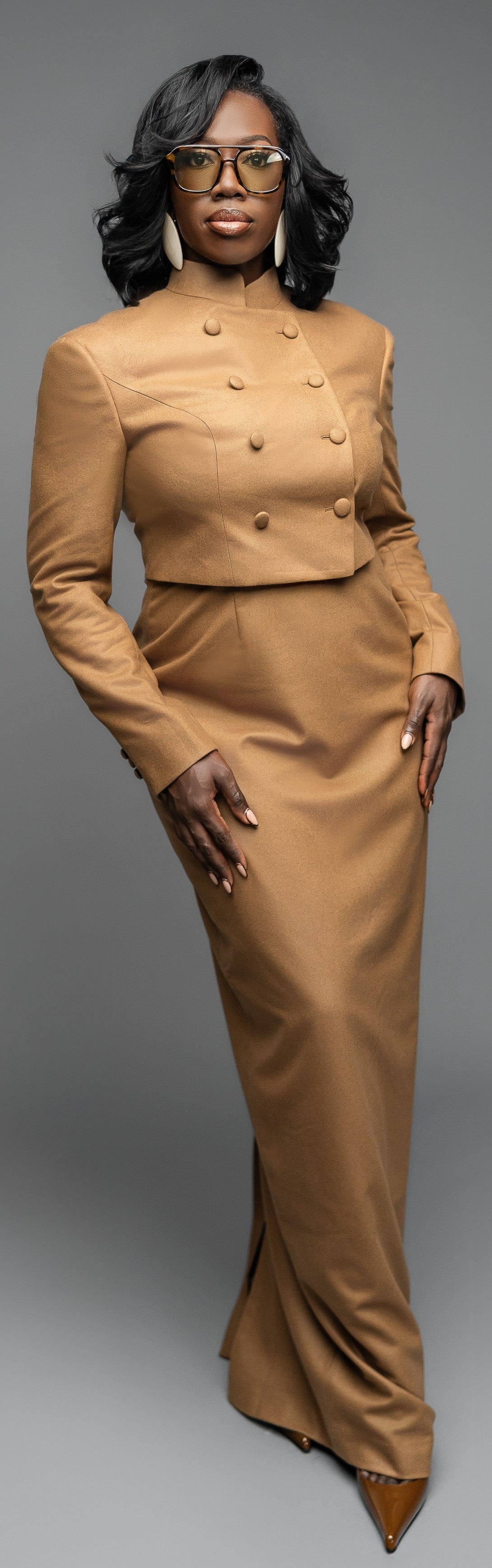 CAMEL WOOL FLANNEL DOUBLE-BREASTED MAXI SKIRT SUIT