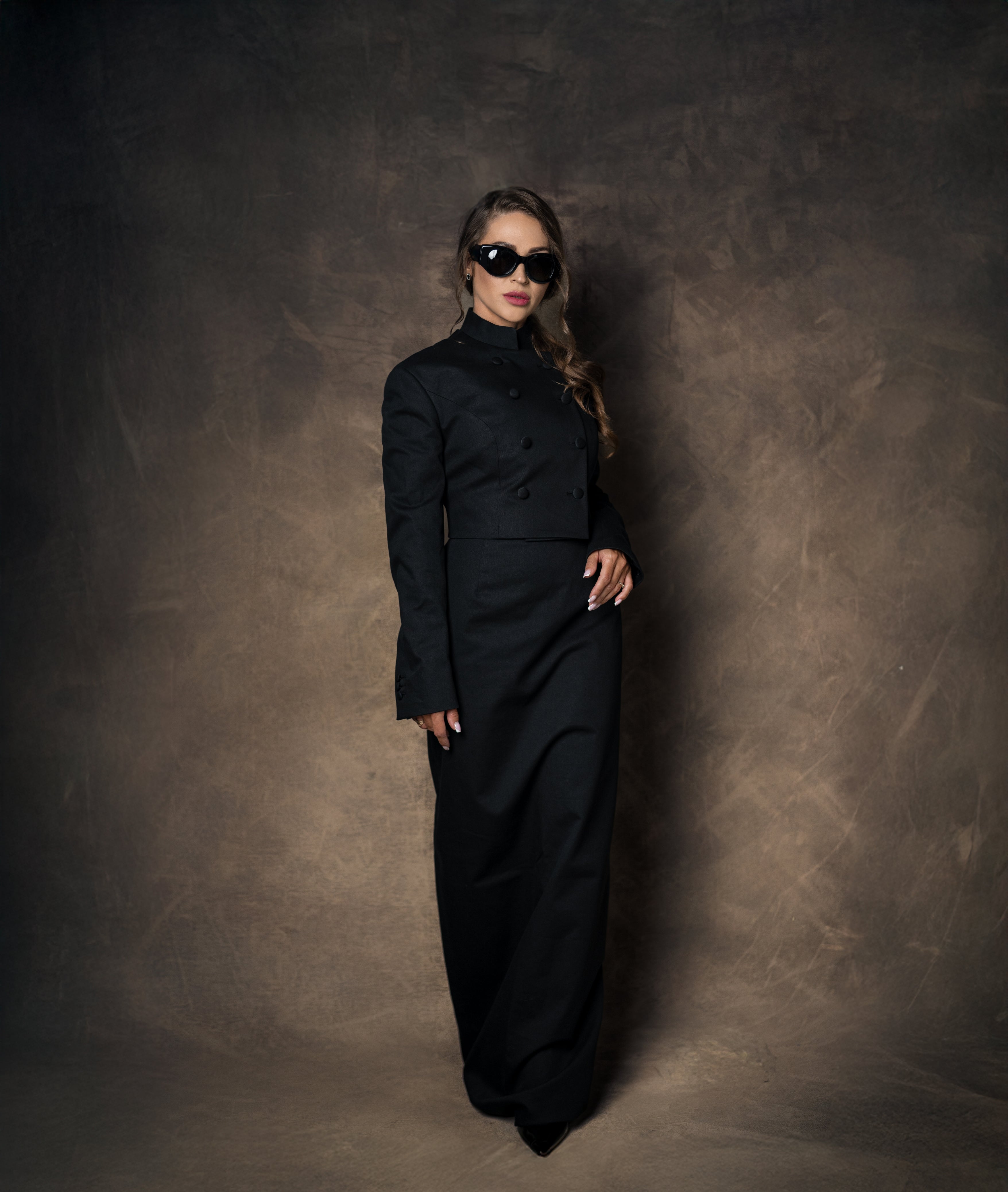 BLACK CASHMERE DENIM DOUBLE-BREASTED MAXI SKIRT SUIT