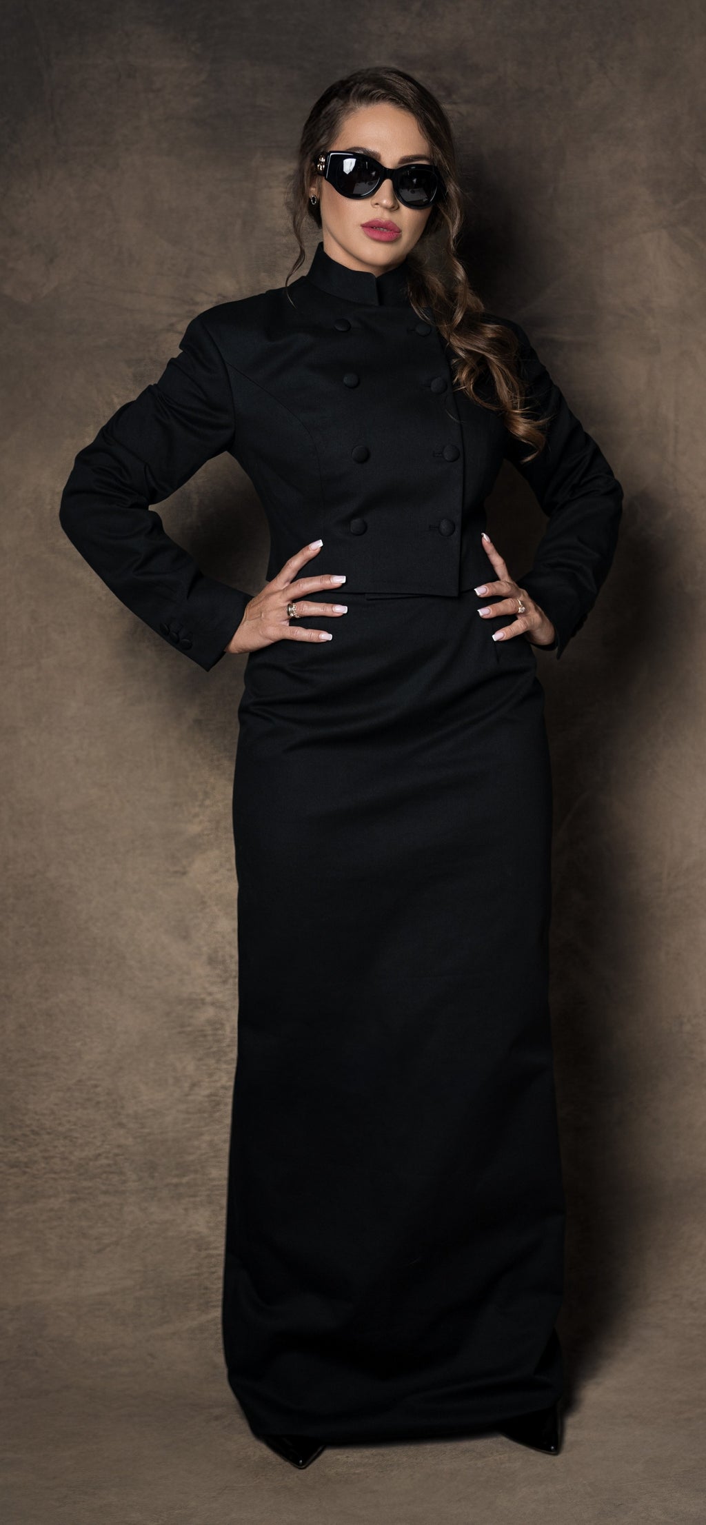 BLACK CASHMERE DENIM DOUBLE-BREASTED MAXI SKIRT SUIT