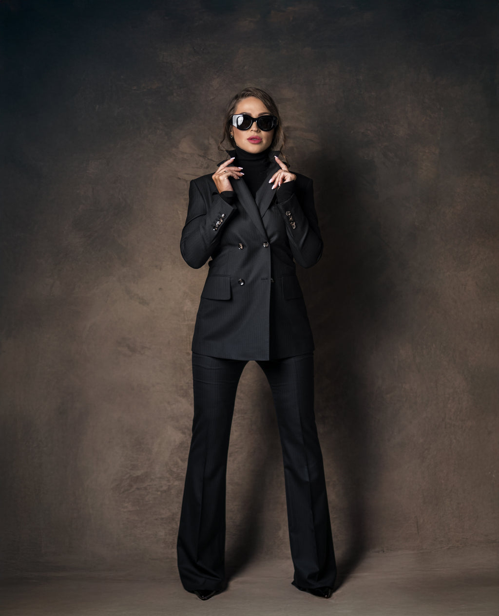 BLACK HERRINGBONE WOOL MOHAIR MICHELLE DOUBLE-BREASTED SUIT