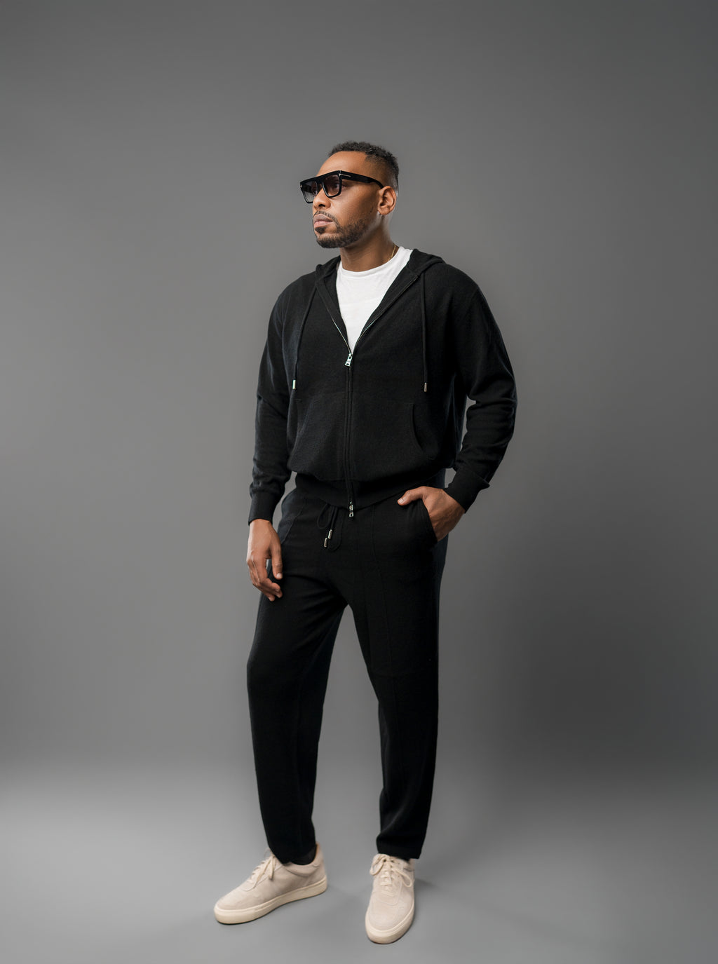 BLACK CASHMERE ZIP HOODIE SET