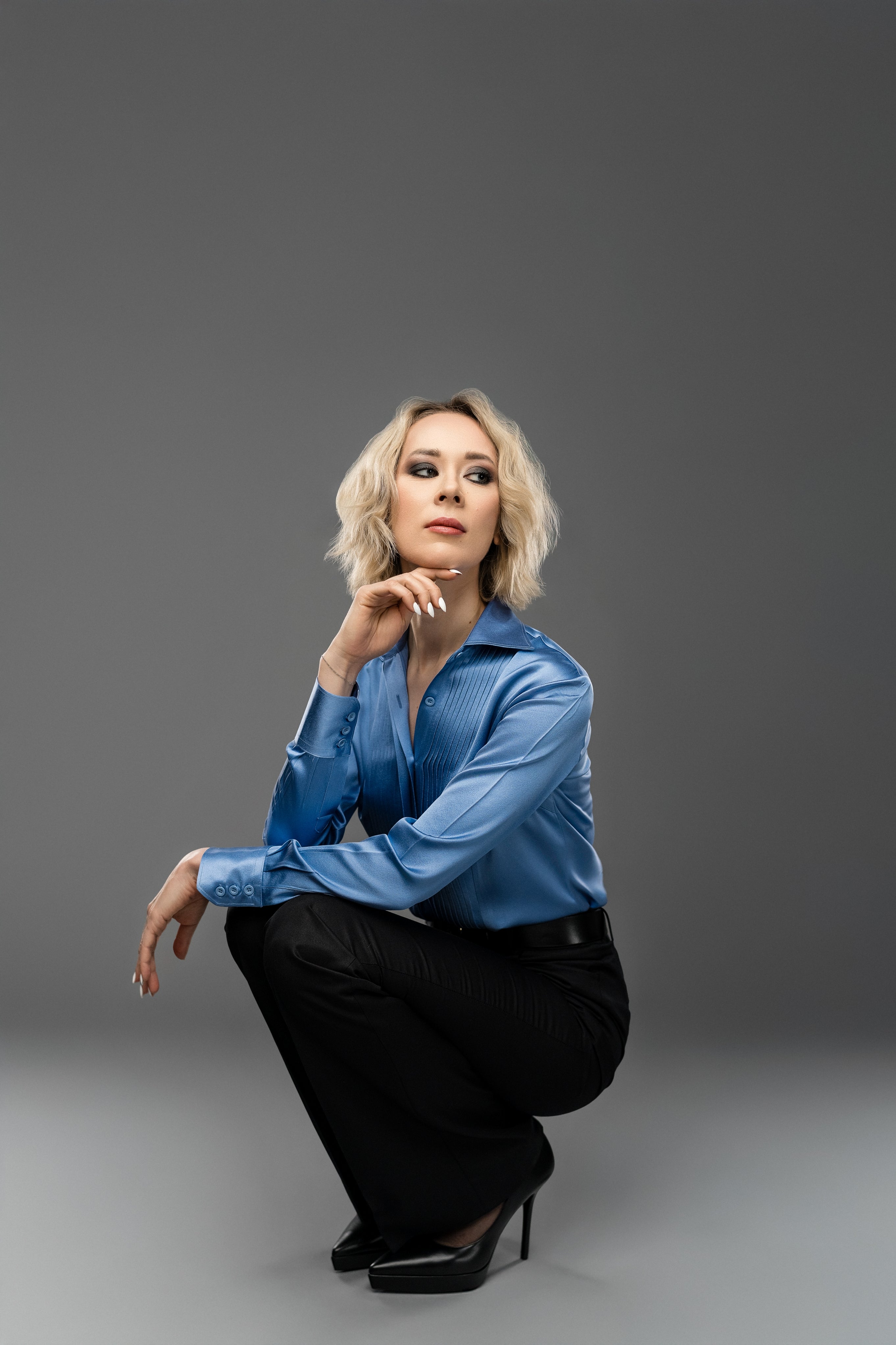 PALE BLUE SILK SATIN SHIRT WITH PLISSE DETAIL